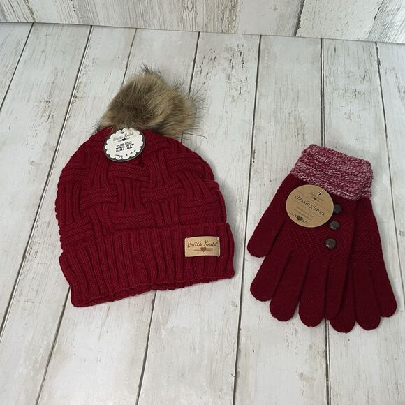 Britt’s Knits Plush Lined Knit Hat W/Faux Fur Pom & Matching Glove Set R… - Picture 1 of 9